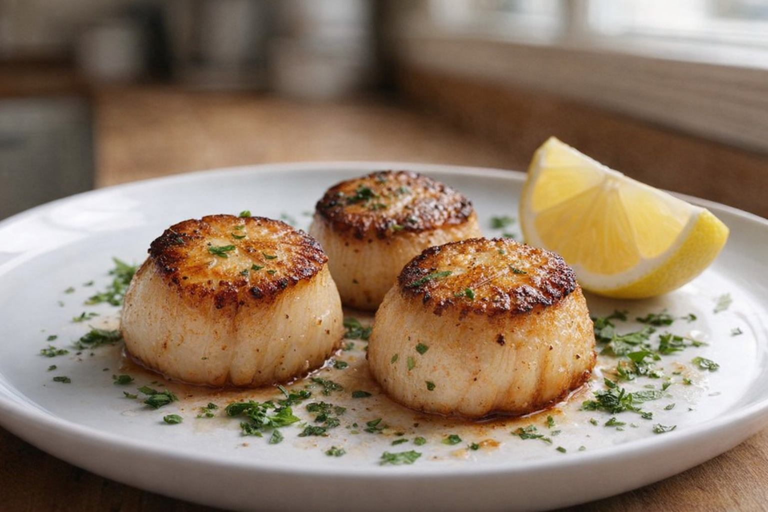 A perfectly seared scallop dish, featuring three golden-brown scallops on a white plate, garnished with fresh herbs and a lemon wedge, shot with professional food photography lighting